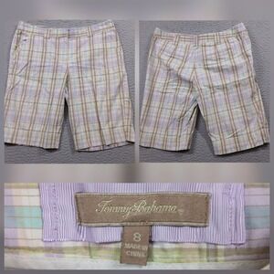 Tommy Bahama Plaid Shorts Women's Size 8 Pastel Purple Blue Check Casual Summer